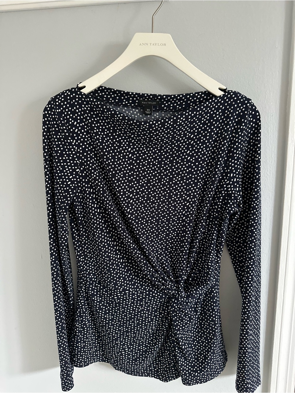 Ann Taylor Navy and White Polka Dot Long Sleeve Twist-Front Dress